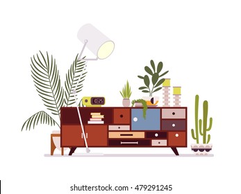 Retro interior with a sideboard bookcase against white background. Cartoon vector flat-style illustration