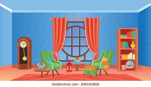  Interior retro con, ventana, sillones, biblioteca, escritorio, reloj péndulo. С ilustración vectorial de artoon.