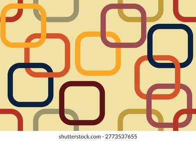 Retro Interlocking Rounded Square Seamless Pattern in Bold Earth Tones. A stylish seamless vector pattern featuring interlocking rounded squares that create a linked, chain-like visual effect. The design showcases a sophisticated retro-modern palette of navy blue, burnt orange, mustard yellow, and deep burgundy on a neutral cream background.