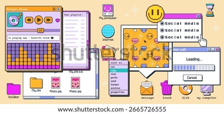 Retro internet interface with y2k music player, chat windows and nostalgic desktop elements for vintage web design. Pixel art smile emoticon, folders and loading bar. Old school computer aesthetic