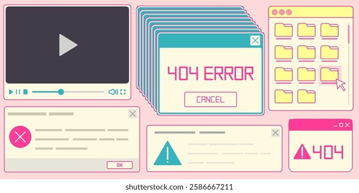 Retro internet system elements - video player with controls, stacked 404 error windows, folder navigation panel, warning messages with exclamation icons. Nostalgic 90s desktop interface components.