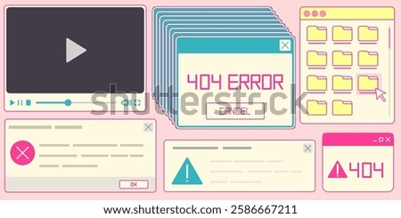 Retro internet system elements - video player with controls, stacked 404 error windows, folder navigation panel, warning messages with exclamation icons. Nostalgic 90s desktop interface components.