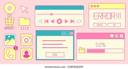 Retro internet window elements - pink and yellow computer interface with CD icon, folder, basket, media player controls, notification badges, profile menu, error message, loading progress bar.