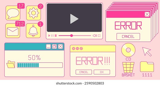 Retro internet window elements - pink and yellow computer interface with CD icon, folder, basket, video player controls, notification badges, profile menu, error message, loading progress bar.