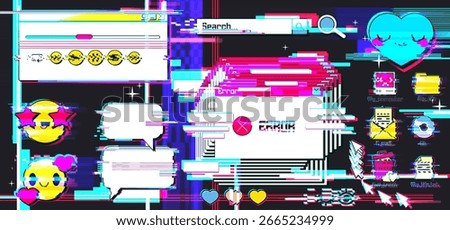 Retro internet y2k glitch interface elements with browser windows, error messages, emoticon icons and digital artifacts for web design. Nostalgic computer aesthetic with corrupted pixels, neon colors