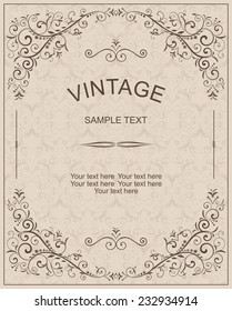 retro Invitation card with damask background and elegant floral elements 