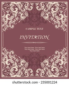 retro Invitation card with damask background and elegant floral elements