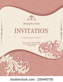 retro Invitation card with damask background and elegant floral elements 