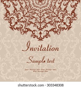 retro Invitation card with damask background and elegant floral elements