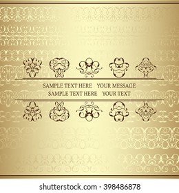 Retro invitation. Invitation card with lace ornaments and place for text. Background with vintage ribbons. Golden wallpaper    