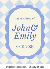 Retro invitation card. Vintage trendy wedding invitation letter with geometric checkered pattern and wavy scalloped frame. Design element for celebrating holiday or event. Flat vector illustration