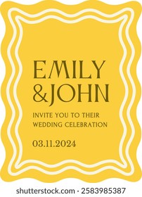 Retro invitation card. Vintage trendy poster or wedding ceremony invitation template with wavy frame or scalloped edge. Design element for celebrating holiday or event. Flat vector illustration