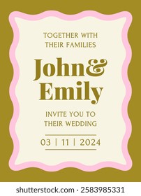 Retro invitation card. Vintage wedding invitation template with wavy frame or scalloped edge. Trendy doodle postcard. Design element for celebrating holiday or event. Flat vector illustration