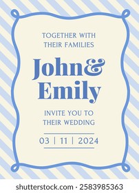 Retro invitation card. Vintage wedding invitation template with bright stripes, wavy frame and text. Trendy Party Card. Design element for celebrating holiday or event. Flat vector illustration