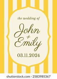 Retro invitation card. Vintage wedding invitation with geometric striped pattern and scalloped edge frame. Design element for celebrating holiday or event. Flat vector illustration