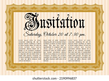 Retro invitation. Elegant design. With guilloche pattern. Detailed.  Orange color.