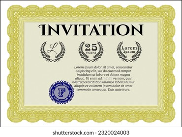 Retro invitation. Excellent design. With guilloche pattern. Detailed.  Yellow color.