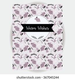 Retro invitation and greeting card design with seamless animal and flower pattern, vector illustration