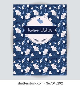 Retro invitation and greeting card design with seamless animal and flower pattern, vector illustration