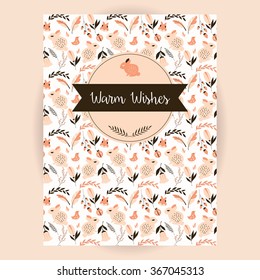 Retro invitation and greeting card design with seamless animal and flower pattern, vector illustration