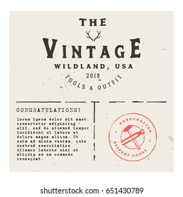 Retro invitation, greeting card with vintage logo template, place for text and watermark.