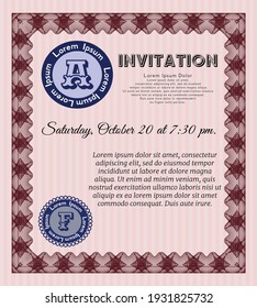 Retro invitation. Money design. With great quality guilloche pattern. Vector illustration.  Red color.