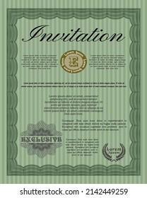 Invitación retro. Patrón de dinero. Con un fondo lineal complejo. Detallado.  Color verde.