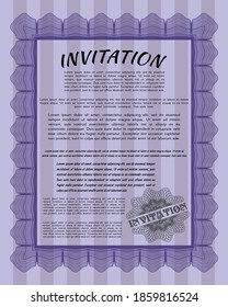 Retro invitation. Perfect design. With guilloche pattern and background. Detailed.  Violet color.