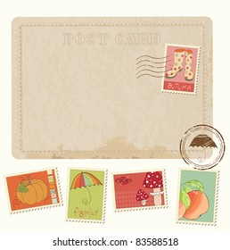 Retro Invitation postcard with Autumn stamps - for design and scrapbook