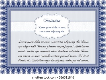 Retro invitation template. Border, frame. With complex linear background. Artistry design. 
