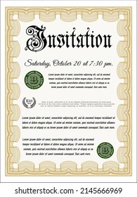Retro invitation template. Excellent design. With complex linear background. Vector illustration.  Orange color.
