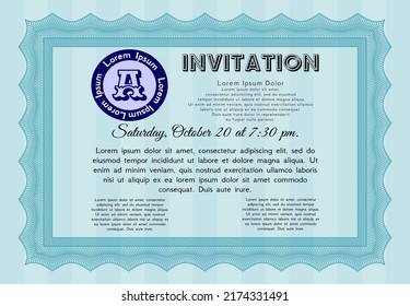 Retro invitation template. Modern design. With guilloche pattern and background.   Light blue color.