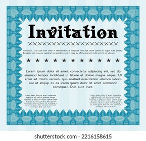 Retro invitation template. Superior design. With guilloche pattern. Customizable, Easy to edit and change colors.  Light blue color.