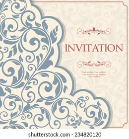 retro Invitation or wedding card with damask background and elegant floral elements 