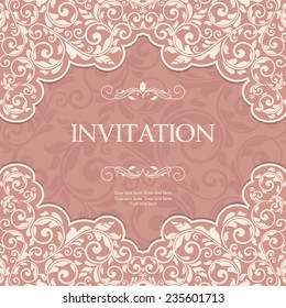 retro Invitation or wedding card with damask background and elegant floral elements