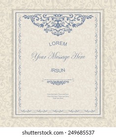 retro Invitation or wedding card with damask background and elegant floral elements