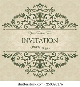 retro Invitation or wedding card with damask background and elegant floral elements