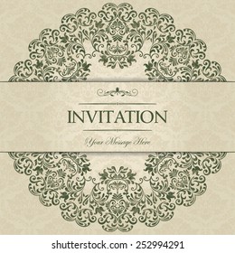 retro Invitation or wedding card with damask background and elegant floral elements