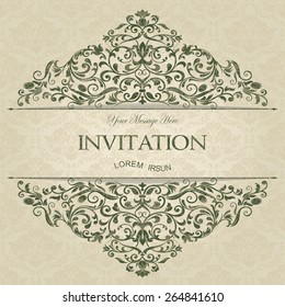 retro Invitation or wedding card with damask background and elegant floral elements