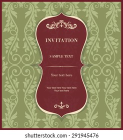 retro Invitation or wedding card with damask background and elegant floral elements