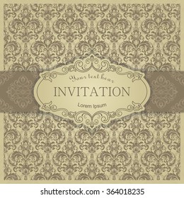 retro Invitation or wedding card with damask background