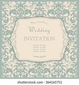 retro Invitation or wedding card with damask background
