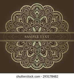 Retro invitation or wedding card with mandala. Card for any kind of design, birthday, other holiday, kaleidoscope, medallion, yoga, india, folk, arabic. Brown and gold