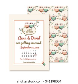  retro invitations with the couple wedding cute owls. vector illustration