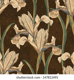 retro irises (blue flag flower), seamless floral pattern, vector illustration, eps10