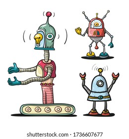Retro Iron Robot Cartoons. Vector Robots Set Isolated.