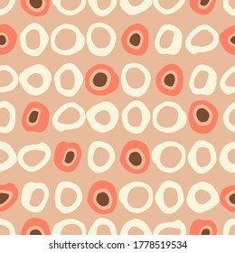 Retro Irregular Shaped Circles Set Vector Seamless Pattern. Modern Mid-Century Abstract Geometric Orange, Brown Background. Whimsical Geometric Uneven Polka Dot. Minimalist Home Decor, Fashion Print