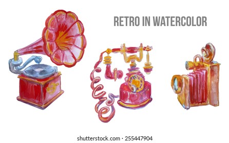 Retro isolated items. Camera, telephone, gramophone
