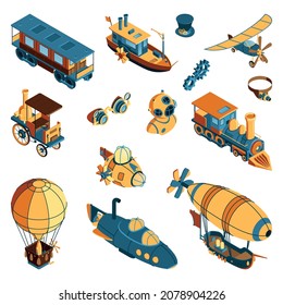 Retro Isometric Icons Set In Steampunk Style With Vintage Car Aircraft Wagon Aerostat Submarine Zeppelin Isolated Vector Illustration