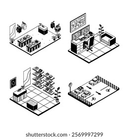 Retro isometric monoline doodle retail store shopping mall